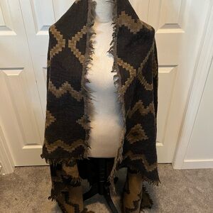 Wilfred Fringed Black and Brown Geometric Throw Blanket Scarf